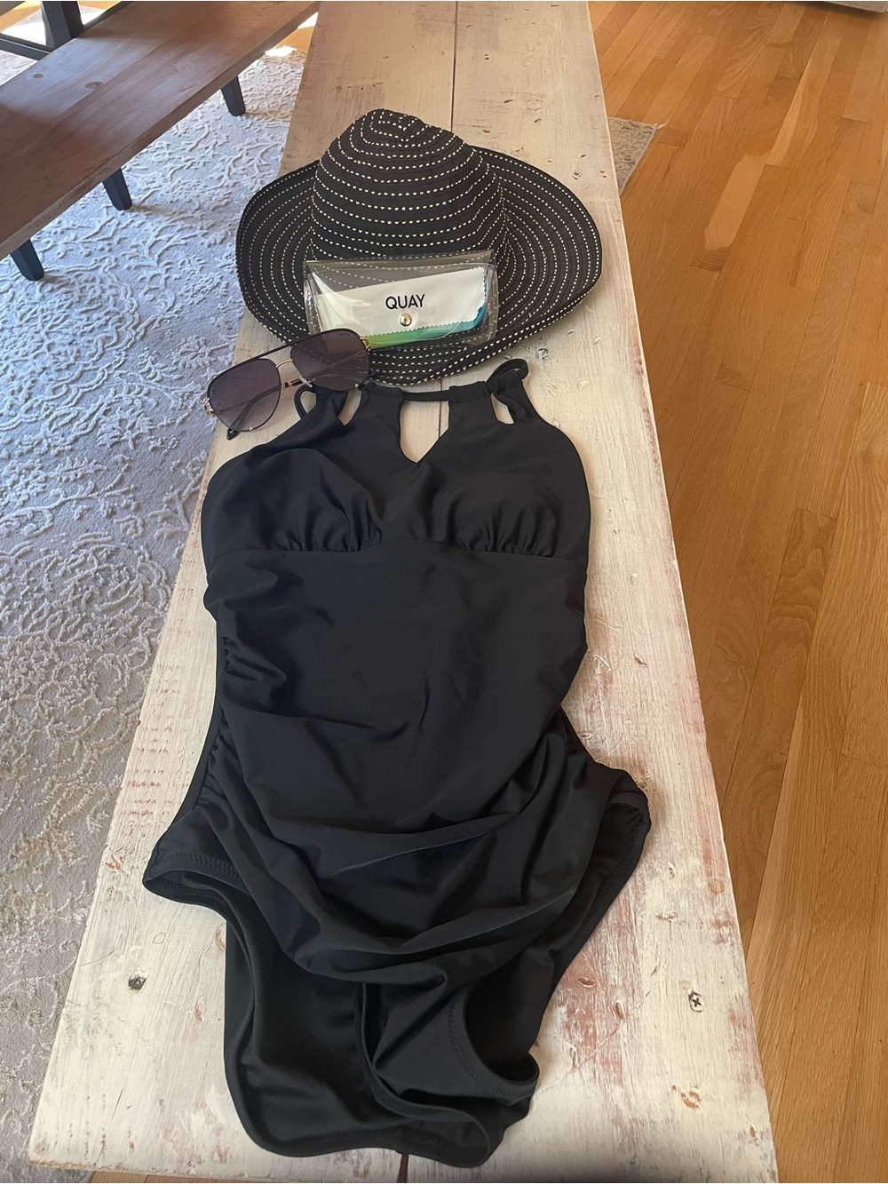 Classic Black One-Piece Swimsuit with matching Hat & Sunglasses